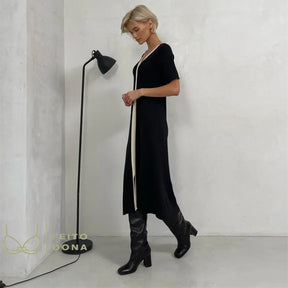 Black White Casual Elegant Vintage Short Sleeve Long Dress Korean Fashion Style Knitted Slim Maxi