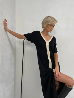 Black White Casual Elegant Vintage Short Sleeve Long Dress Korean Fashion Style Knitted Slim Maxi