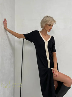 Black White Casual Elegant Vintage Short Sleeve Long Dress Korean Fashion Style Knitted Slim Maxi