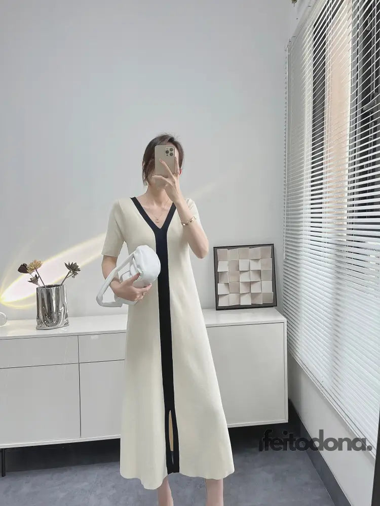 Black White Casual Elegant Vintage Short Sleeve Long Dress Korean Fashion Style Knitted Slim Maxi