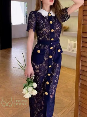 Elegant Party Vintage Solid Woman Lace Hollow Out Dresses For Women Summer Short Sleeve Gold Button
