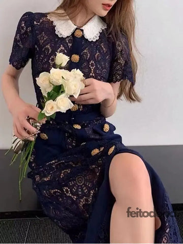 Elegant Party Vintage Solid Woman Lace Hollow Out Dresses For Women Summer Short Sleeve Gold Button