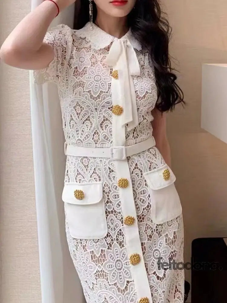 Elegant Party Vintage Solid Woman Lace Hollow Out Dresses For Women Summer Short Sleeve Gold Button