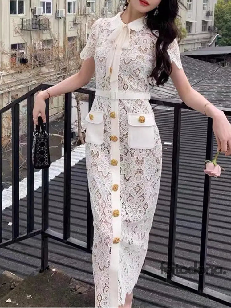 Elegant Party Vintage Solid Woman Lace Hollow Out Dresses For Women Summer Short Sleeve Gold Button