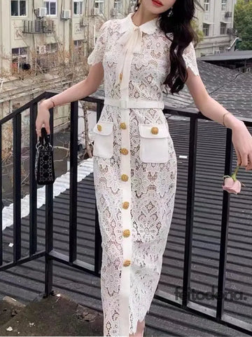 Elegant Party Vintage Solid Woman Lace Hollow Out Dresses For Women Summer Short Sleeve Gold Button