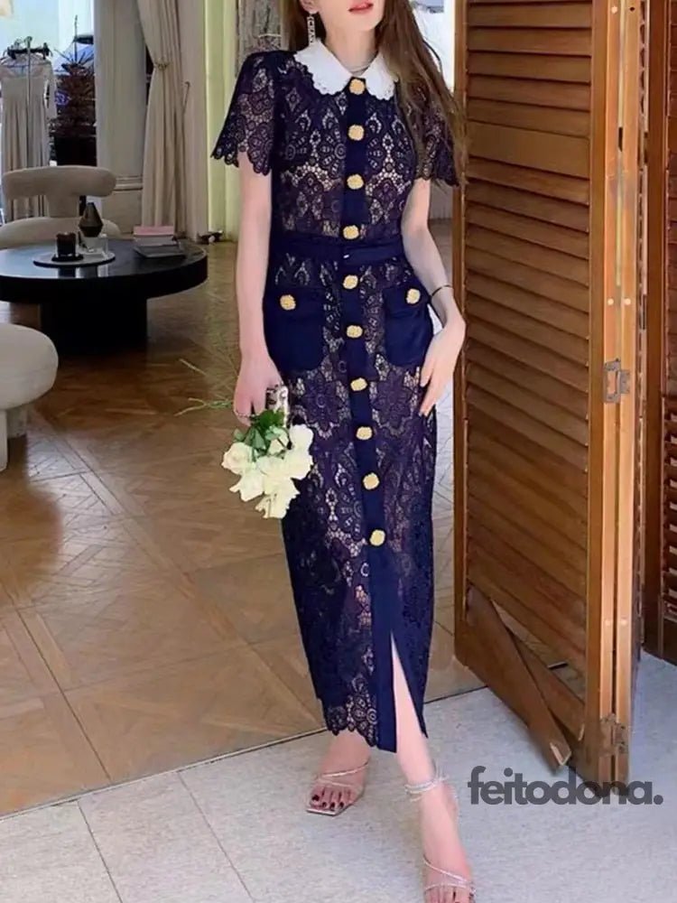 Elegant Party Vintage Solid Woman Lace Hollow Out Dresses For Women Summer Short Sleeve Gold Button