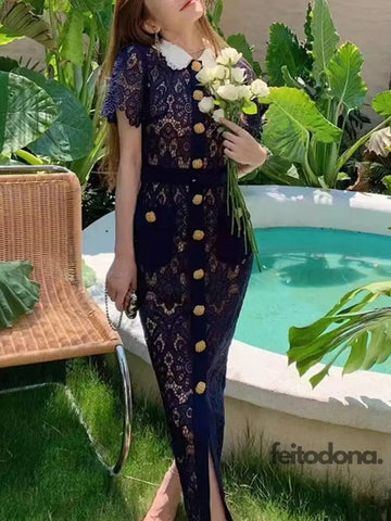 Elegant Party Vintage Solid Woman Lace Hollow Out Dresses For Women Summer Short Sleeve Gold Button