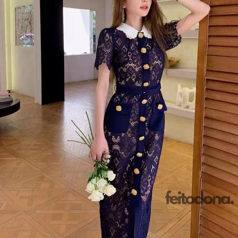 Elegant Party Vintage Solid Woman Lace Hollow Out Dresses For Women Summer Short Sleeve Gold Button