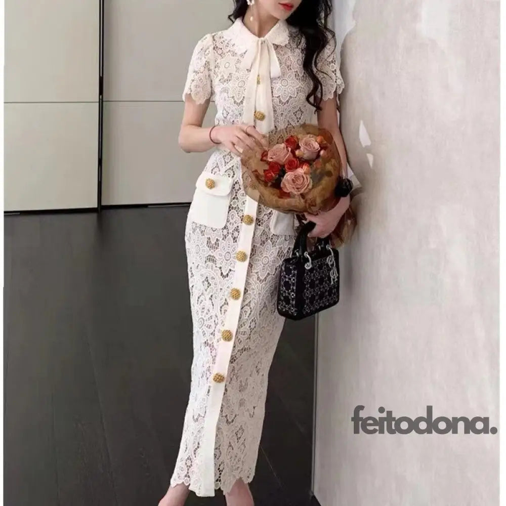 Elegant Party Vintage Solid Woman Lace Hollow Out Dresses For Women Summer Short Sleeve Gold Button